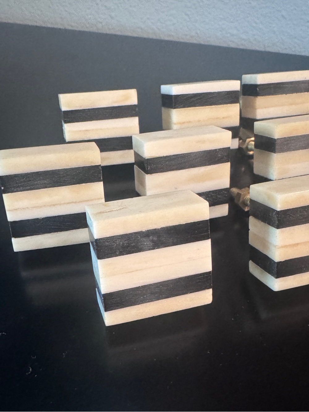 Set of 12 Bone and Black Striped Decorative Knobs